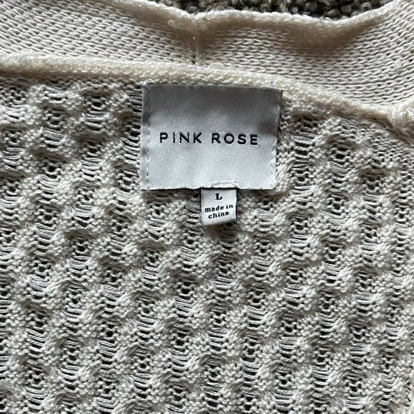 Pink Rose Cable Knit Cardigan Womens Large Cream Cottagecore Pockets - Picture 2 of 7
